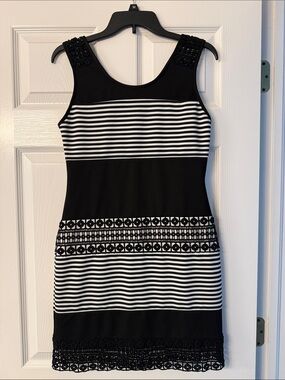 Gianni Bini Black and White Striped Mini Dress with Lace Trim
